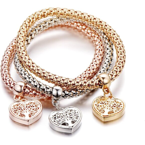Crystal Charms Multilayer Bracelets 3PCS Gold Silver Rose Gold Tree of Life Hear - Picture 4 of 6